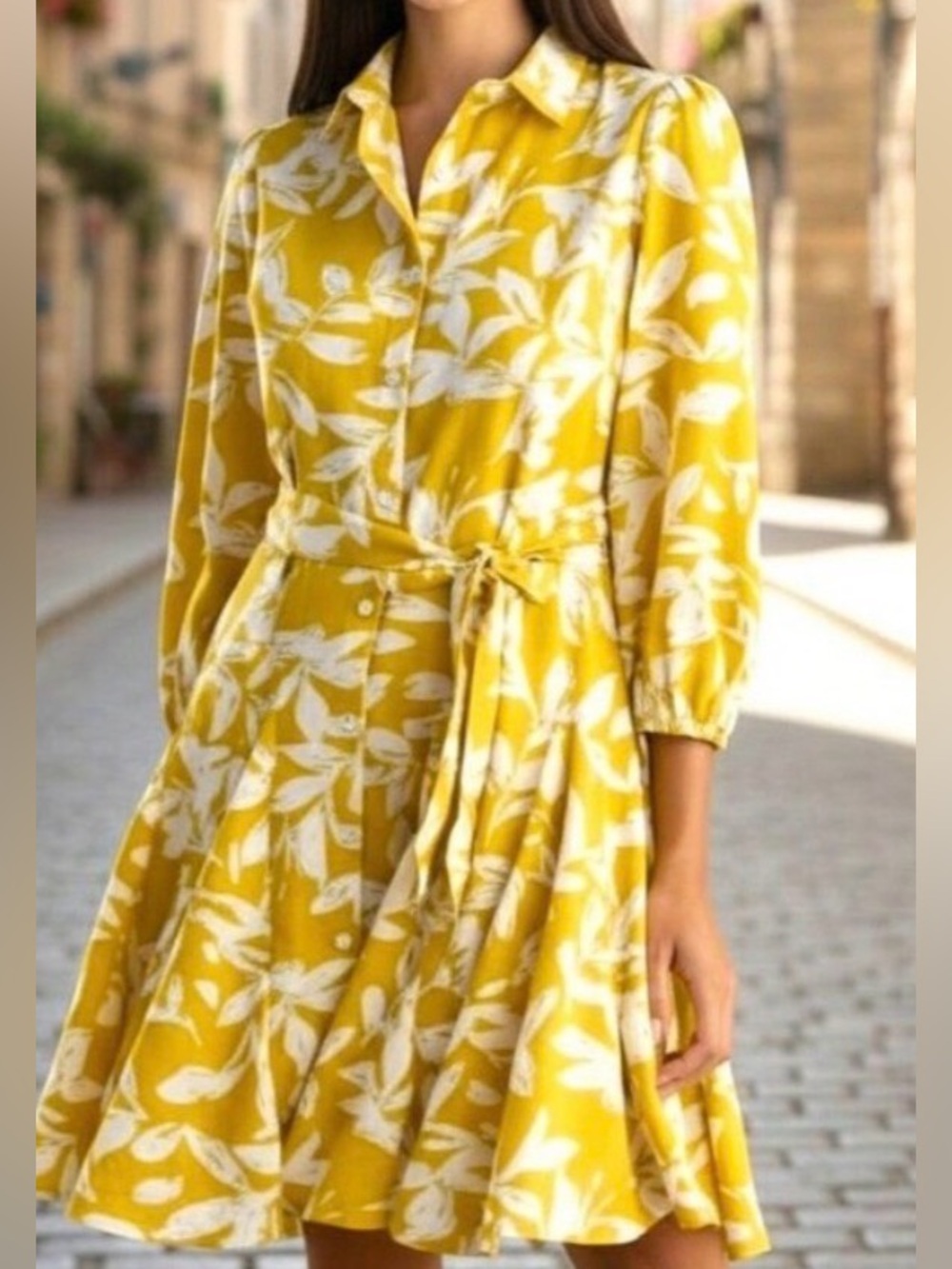 NWT Max Urban Floral Button-Front Shirt Dress in Mustard and White -Size 8